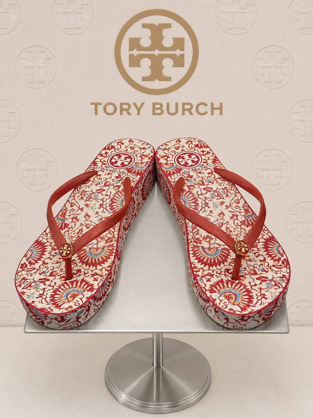 Tory Burch Thandie Printed Platform Wedge Flip Flops Red Women’s 7